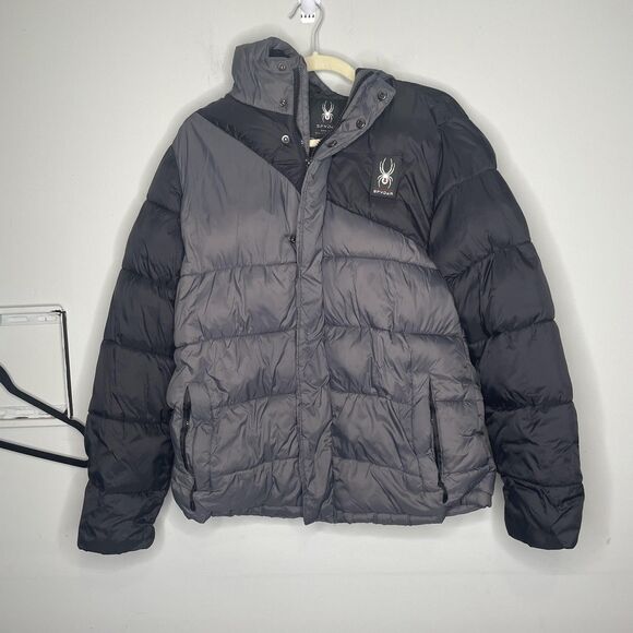 Spyder Jacket Mens Medium Gray Black Hooded Insulated Nylon Winter Coat - Picture 1 of 11